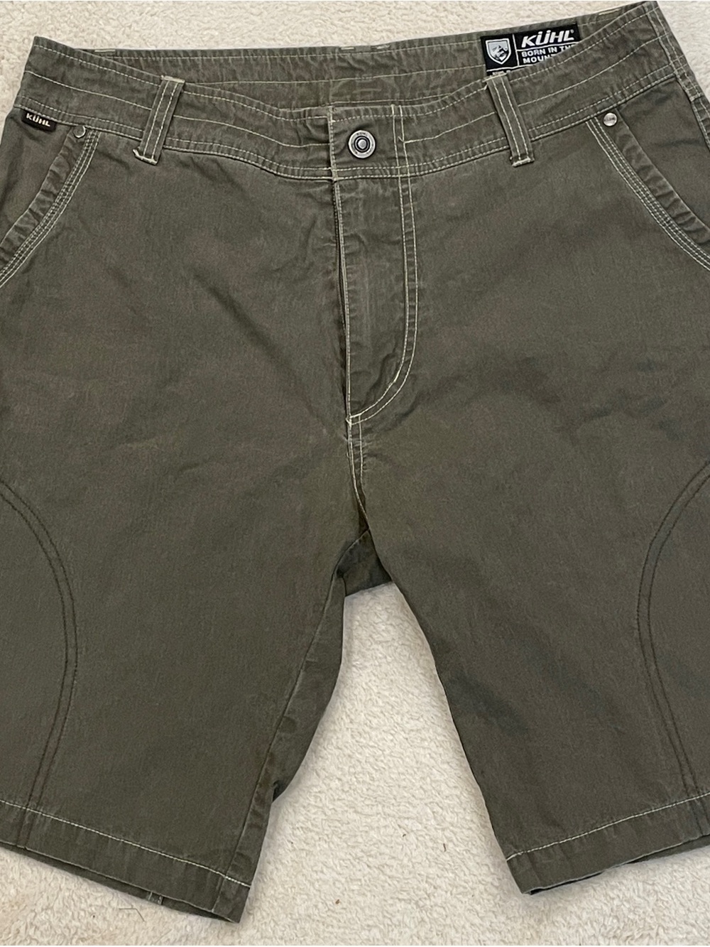 KUHL Ramblr Shorts Men 34 Green Uberkuhl Cargo Hiking Camping Vintage Patina Dye